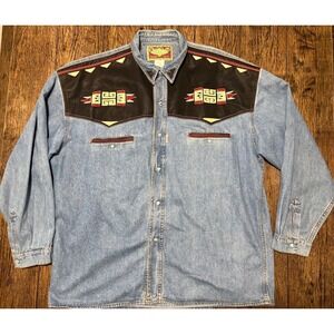Western Shirt Extra Large Vintage Shooter Denim Leather Aztec Cowboy Pearl Snap